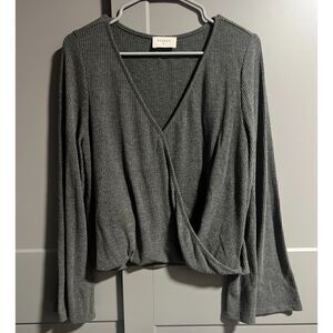 Anthropologie Everly Women Cropped Ribbed Faux Wrap Long Bell Sleeve Grey Medium
